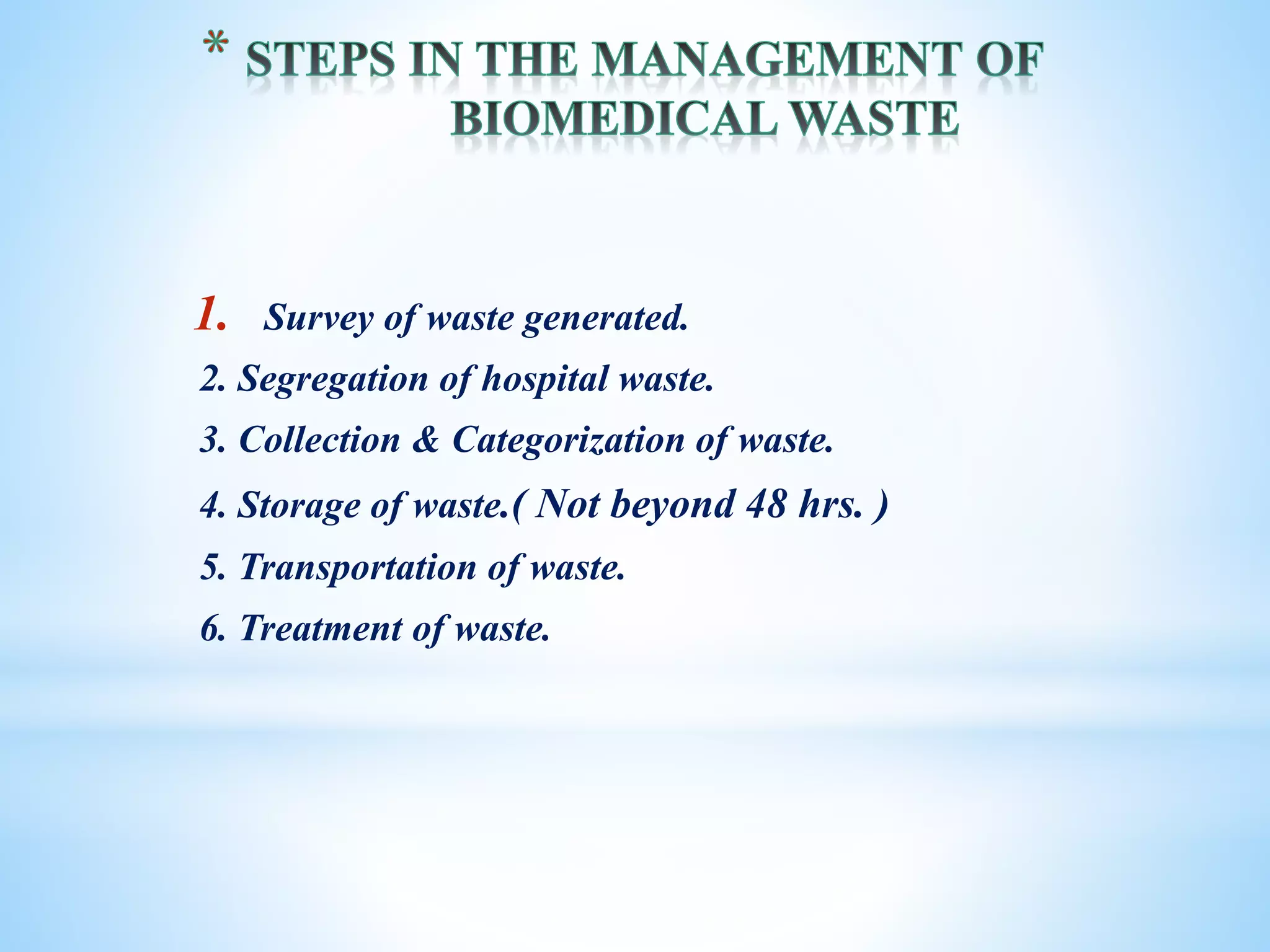 1. Survey of waste generated.
2. Segregation of hospital waste.
3. Collection & Categorization of waste.
4. Storage of waste.( Not beyond 48 hrs. )
5. Transportation of waste.
6. Treatment of waste.
 