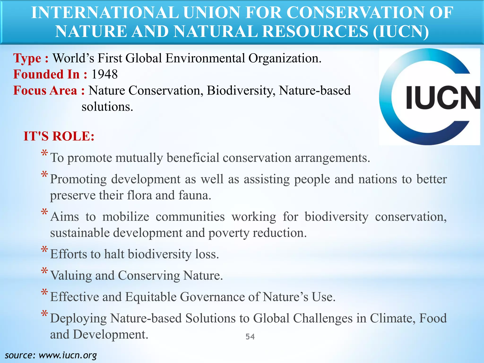 54
IT'S ROLE:
*To promote mutually beneficial conservation arrangements.
*Promoting development as well as assisting people and nations to better
preserve their flora and fauna.
*Aims to mobilize communities working for biodiversity conservation,
sustainable development and poverty reduction.
*Efforts to halt biodiversity loss.
*Valuing and Conserving Nature.
*Effective and Equitable Governance of Nature’s Use.
*Deploying Nature-based Solutions to Global Challenges in Climate, Food
and Development.
source: www.iucn.org
INTERNATIONAL UNION FOR CONSERVATION OF
NATURE AND NATURAL RESOURCES (IUCN)
Type : World’s First Global Environmental Organization.
Founded In : 1948
Focus Area : Nature Conservation, Biodiversity, Nature-based
solutions.
 