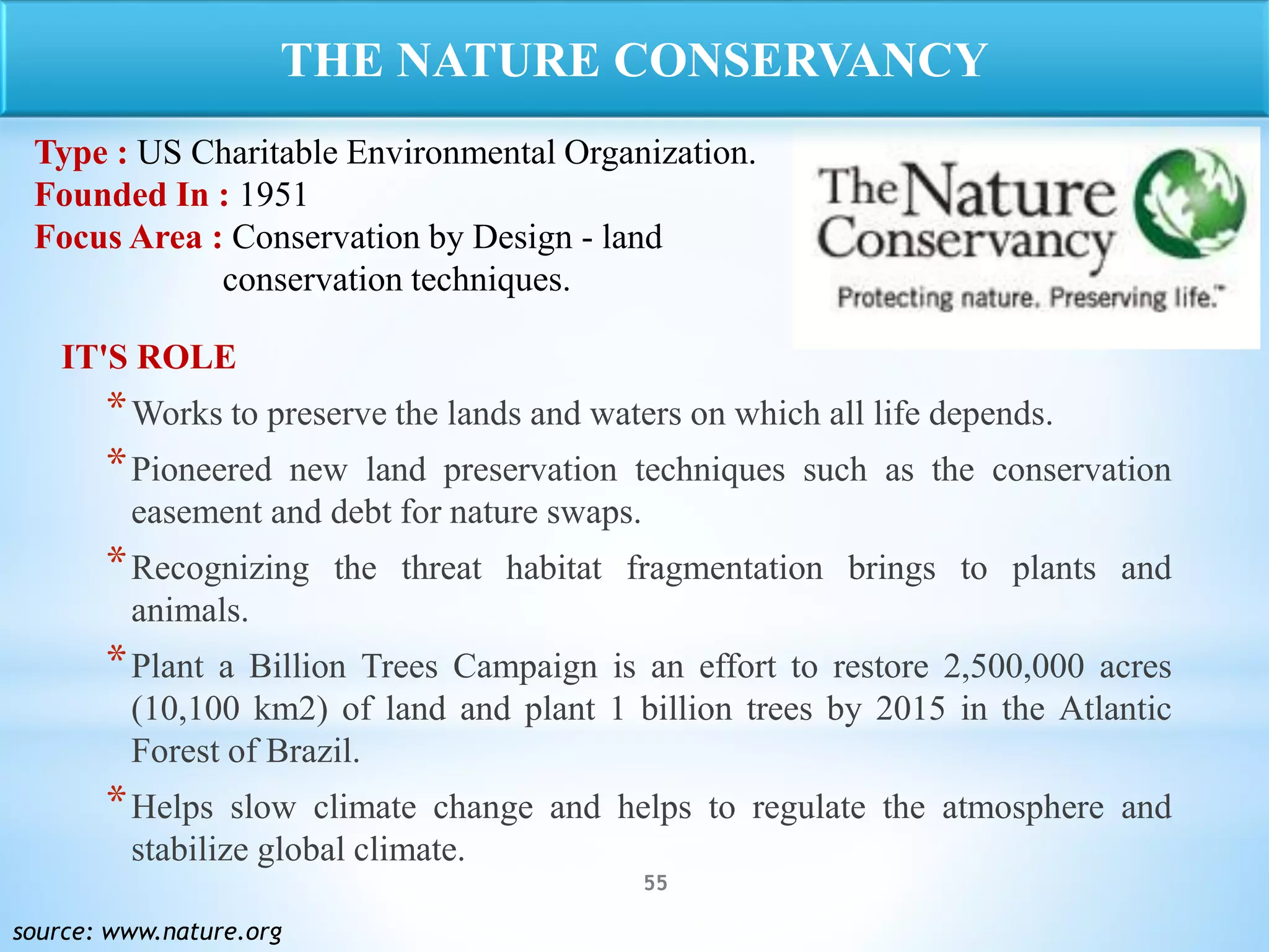 55
IT'S ROLE
*Works to preserve the lands and waters on which all life depends.
*Pioneered new land preservation techniques such as the conservation
easement and debt for nature swaps.
*Recognizing the threat habitat fragmentation brings to plants and
animals.
*Plant a Billion Trees Campaign is an effort to restore 2,500,000 acres
(10,100 km2) of land and plant 1 billion trees by 2015 in the Atlantic
Forest of Brazil.
*Helps slow climate change and helps to regulate the atmosphere and
stabilize global climate.
source: www.nature.org
THE NATURE CONSERVANCY
Type : US Charitable Environmental Organization.
Founded In : 1951
Focus Area : Conservation by Design - land
conservation techniques.
 