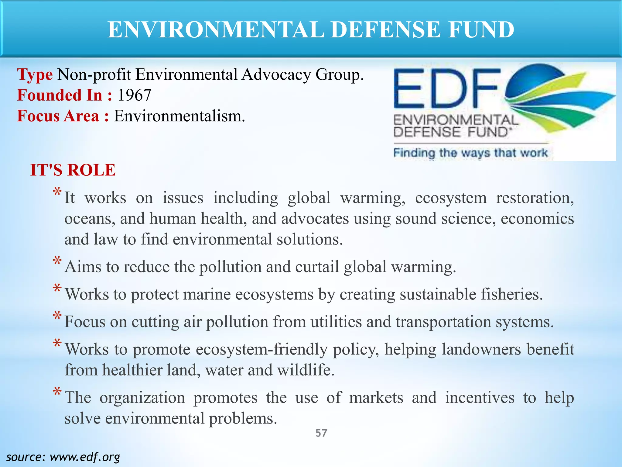57
IT'S ROLE
*It works on issues including global warming, ecosystem restoration,
oceans, and human health, and advocates using sound science, economics
and law to find environmental solutions.
*Aims to reduce the pollution and curtail global warming.
*Works to protect marine ecosystems by creating sustainable fisheries.
*Focus on cutting air pollution from utilities and transportation systems.
*Works to promote ecosystem-friendly policy, helping landowners benefit
from healthier land, water and wildlife.
*The organization promotes the use of markets and incentives to help
solve environmental problems.
source: www.edf.org
ENVIRONMENTAL DEFENSE FUND
Type Non-profit Environmental Advocacy Group.
Founded In : 1967
Focus Area : Environmentalism.
 