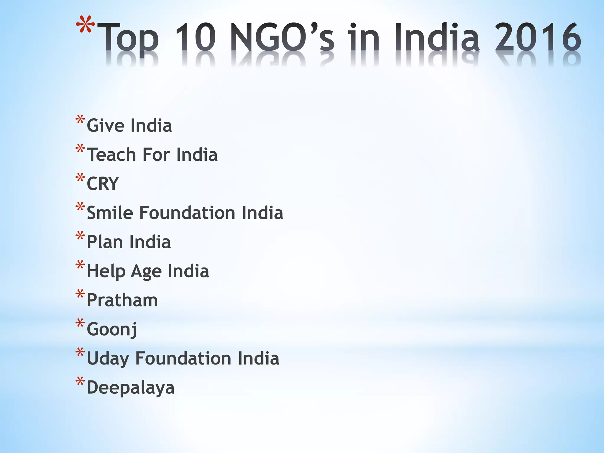 *
*Give India
*Teach For India
*CRY
*Smile Foundation India
*Plan India
*Help Age India
*Pratham
*Goonj
*Uday Foundation India
*Deepalaya
 