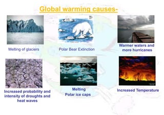 Global warming causes-




                                                     Warmer waters and
  Melting of glaciers        Polar Bear Extinction    more hurricanes




                                    Melting          Increased Temperature
Increased probability and
intensity of droughts and       Polar ice caps
       heat waves
 