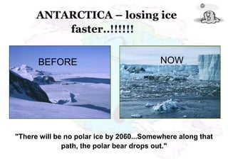 ANTARCTICA – losing ice
          faster..!!!!!!


      BEFORE                              NOW




"There will be no polar ice by 2060...Somewhere along that
              path, the polar bear drops out."
 