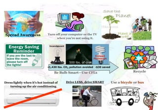 Spread Awareness               Turn off your computer or the TV
                                     when you’re not using it.

                                Incandescent



                                                                    Compact
                                                                   Fluorescent
                                                500 lbs. of coal
                              •1,430 lbs. CO2 pollution avoided -$30 saved

                                   Be Bulb Smart—Use CFLs                                     Recycle


Dress lightly when it’s hot instead of         Drive LESS, drive SMART           Use a bicycle or bus
   turning up the air conditioning.
 