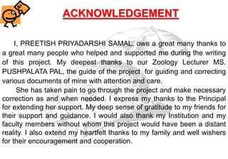 ACKNOWLEDGEMENT

     I, PREETISH PRIYADARSHI SAMAL, owe a great many thanks to
a great many people who helped and supported me during the writing
of this project. My deepest thanks to our Zoology Lecturer MS.
PUSHPALATA PAL, the guide of the project for guiding and correcting
various documents of mine with attention and care.
      She has taken pain to go through the project and make necessary
correction as and when needed. I express my thanks to the Principal
for extending her support. My deep sense of gratitude to my friends for
their support and guidance. I would also thank my Institution and my
faculty members without whom this project would have been a distant
reality. I also extend my heartfelt thanks to my family and well wishers
for their encouragement and cooperation.
 