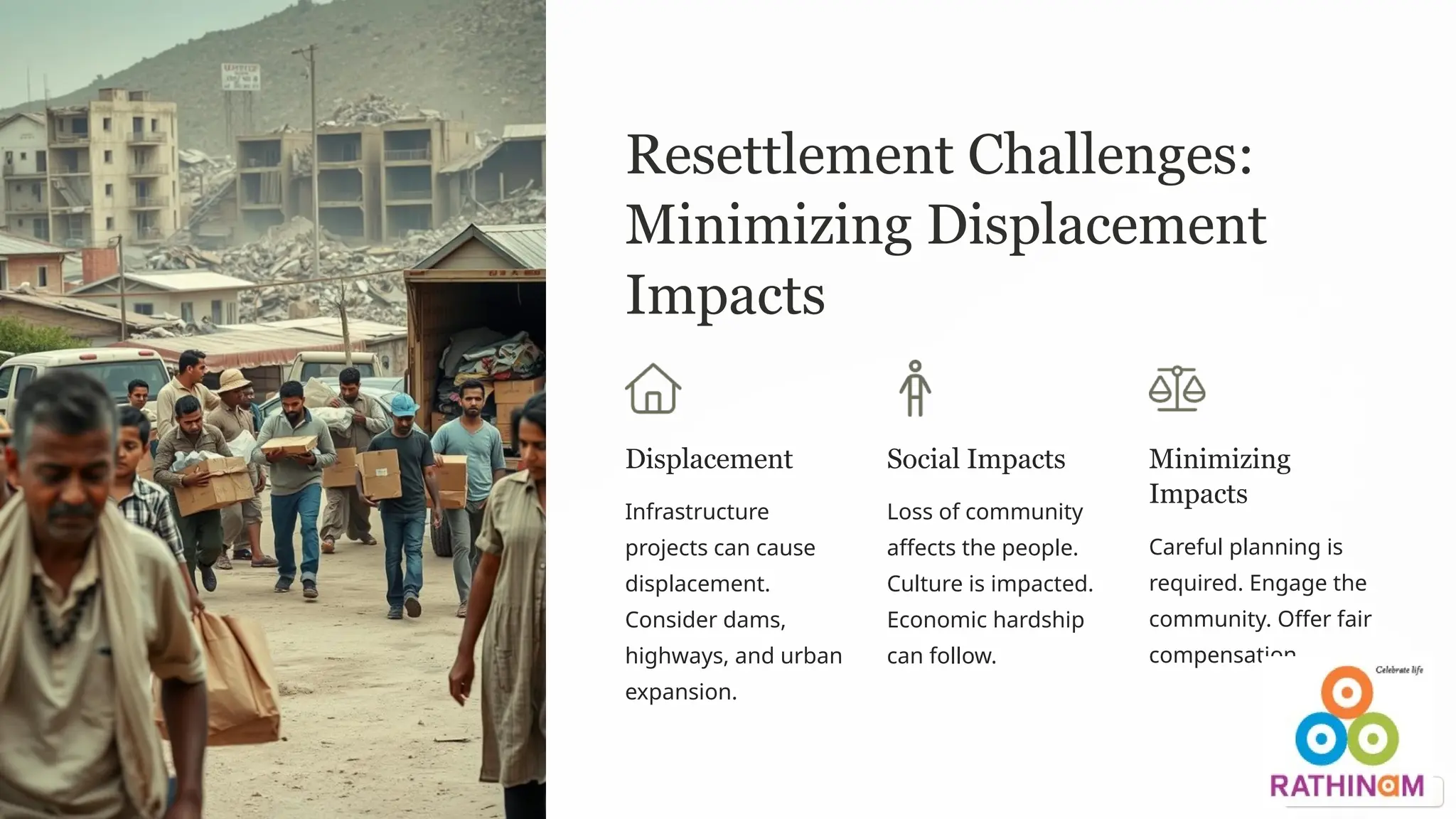 Resettlement Challenges:
Minimizing Displacement
Impacts
Displacement
Infrastructure
projects can cause
displacement.
Consider dams,
highways, and urban
expansion.
Social Impacts
Loss of community
affects the people.
Culture is impacted.
Economic hardship
can follow.
Minimizing
Impacts
Careful planning is
required. Engage the
community. Offer fair
compensation.
 