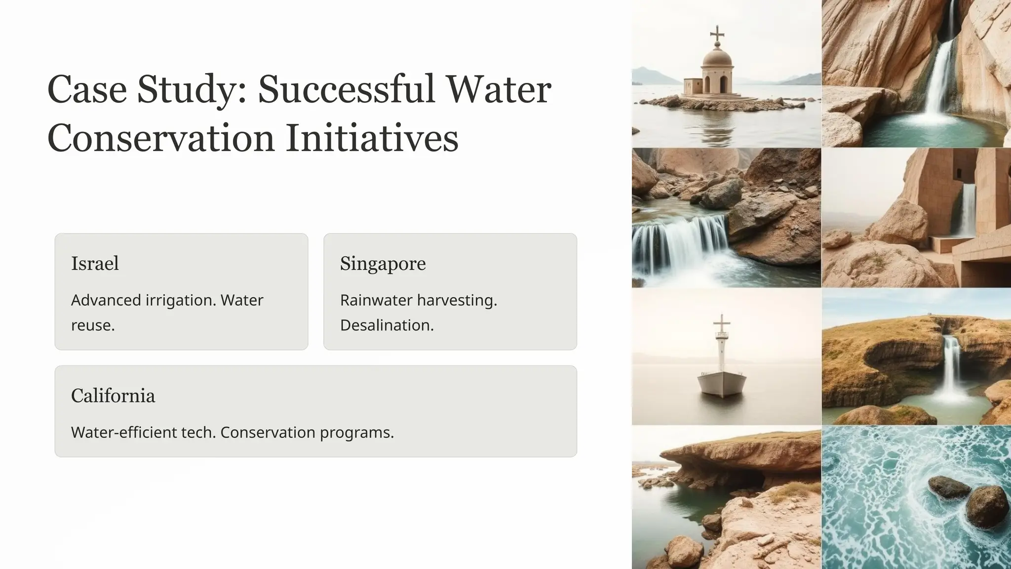 Case Study: Successful Water
Conservation Initiatives
Israel
Advanced irrigation. Water
reuse.
Singapore
Rainwater harvesting.
Desalination.
California
Water-efficient tech. Conservation programs.
 