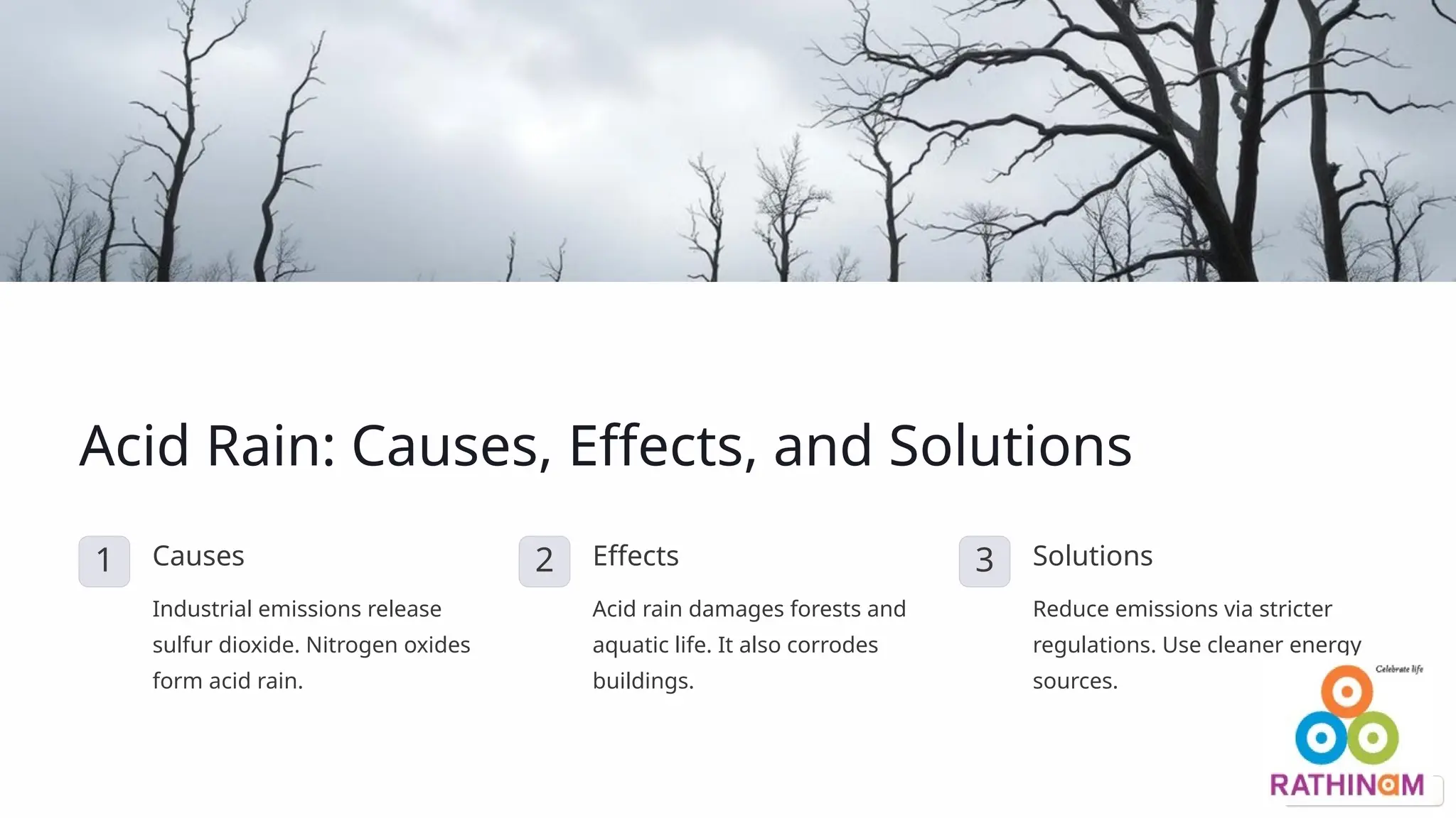 Acid Rain: Causes, Effects, and Solutions
1 Causes
Industrial emissions release
sulfur dioxide. Nitrogen oxides
form acid rain.
2 Effects
Acid rain damages forests and
aquatic life. It also corrodes
buildings.
3 Solutions
Reduce emissions via stricter
regulations. Use cleaner energy
sources.
 