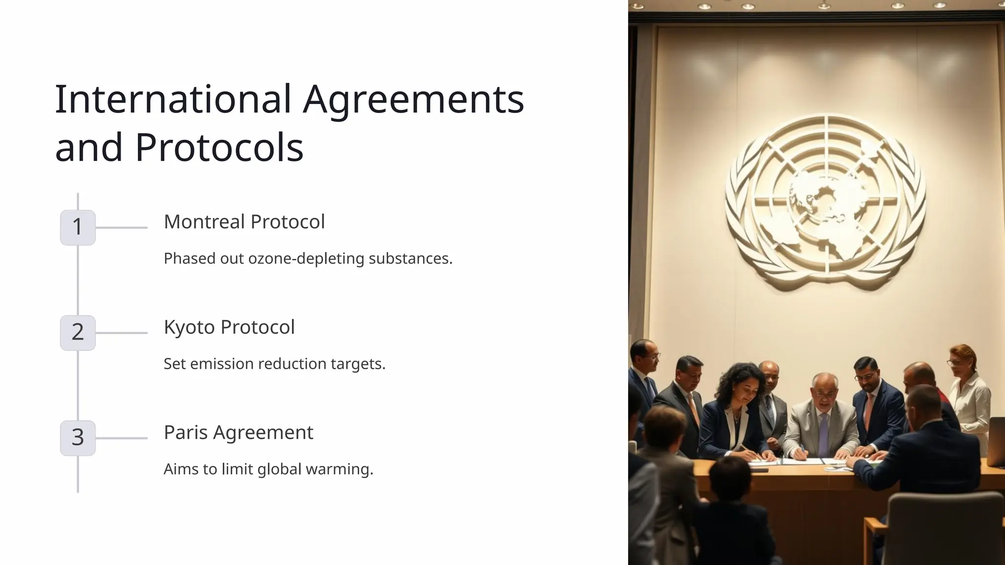 International Agreements
and Protocols
1 Montreal Protocol
Phased out ozone-depleting substances.
2 Kyoto Protocol
Set emission reduction targets.
3 Paris Agreement
Aims to limit global warming.
 