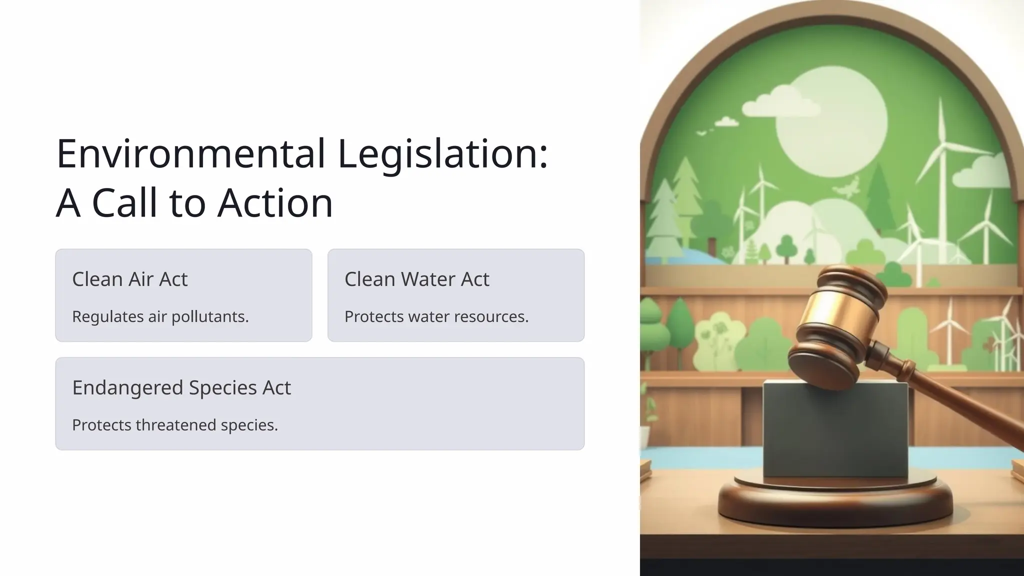 Environmental Legislation:
A Call to Action
Clean Air Act
Regulates air pollutants.
Clean Water Act
Protects water resources.
Endangered Species Act
Protects threatened species.
 