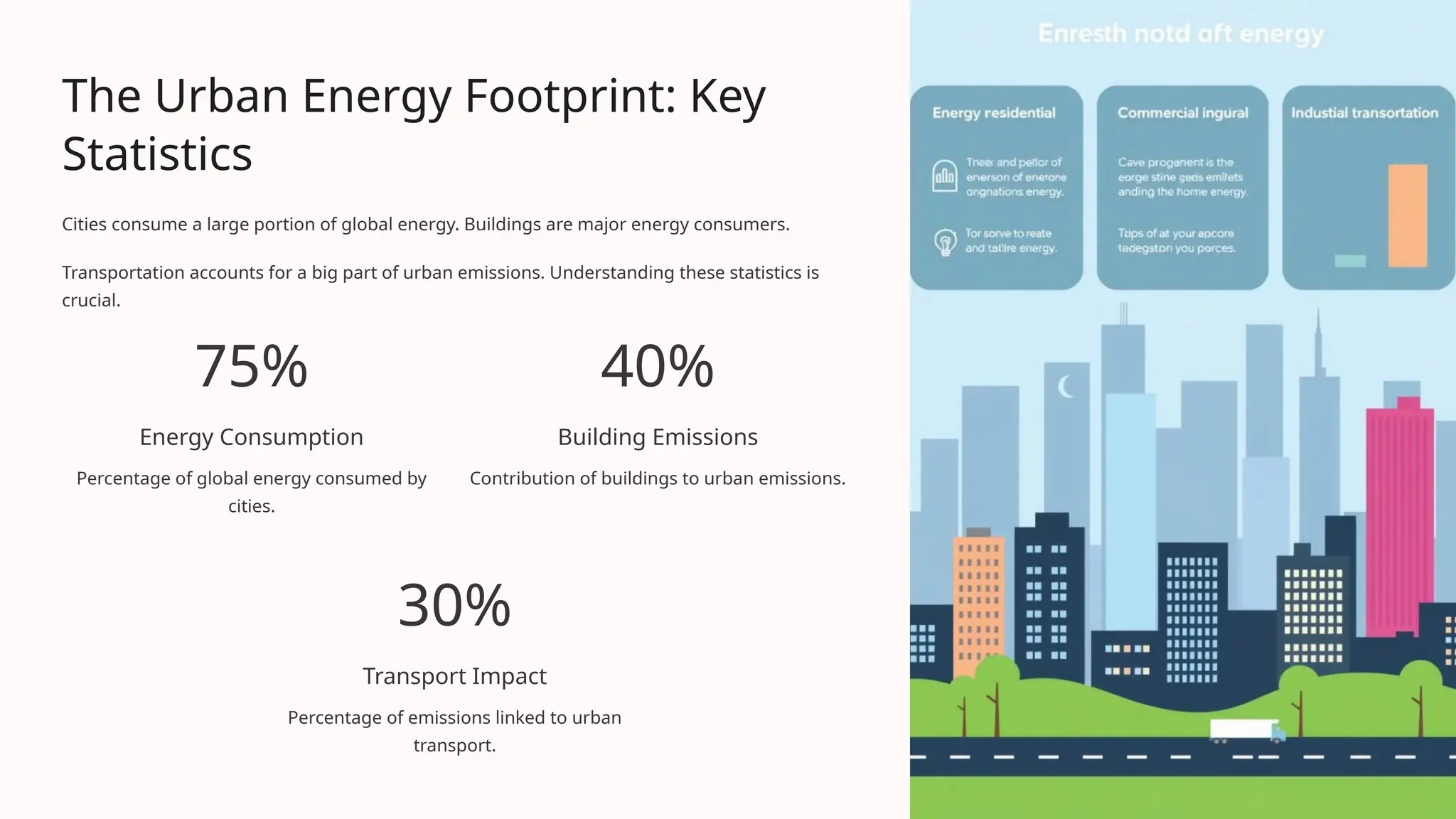 The Urban Energy Footprint: Key
Statistics
Cities consume a large portion of global energy. Buildings are major energy consumers.
Transportation accounts for a big part of urban emissions. Understanding these statistics is
crucial.
75%
Energy Consumption
Percentage of global energy consumed by
cities.
40%
Building Emissions
Contribution of buildings to urban emissions.
30%
Transport Impact
Percentage of emissions linked to urban
transport.
 