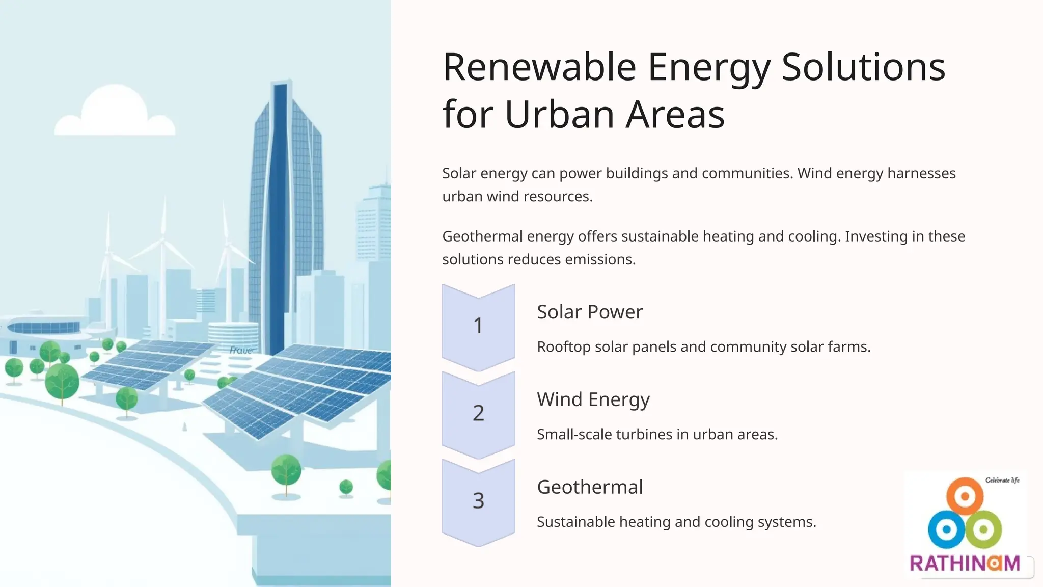 Renewable Energy Solutions
for Urban Areas
Solar energy can power buildings and communities. Wind energy harnesses
urban wind resources.
Geothermal energy offers sustainable heating and cooling. Investing in these
solutions reduces emissions.
Solar Power
Rooftop solar panels and community solar farms.
Wind Energy
Small-scale turbines in urban areas.
Geothermal
Sustainable heating and cooling systems.
 