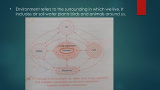 • Environment refers to the surrounding in which we live. It
includes air soil water plants birds and animals around us.
 