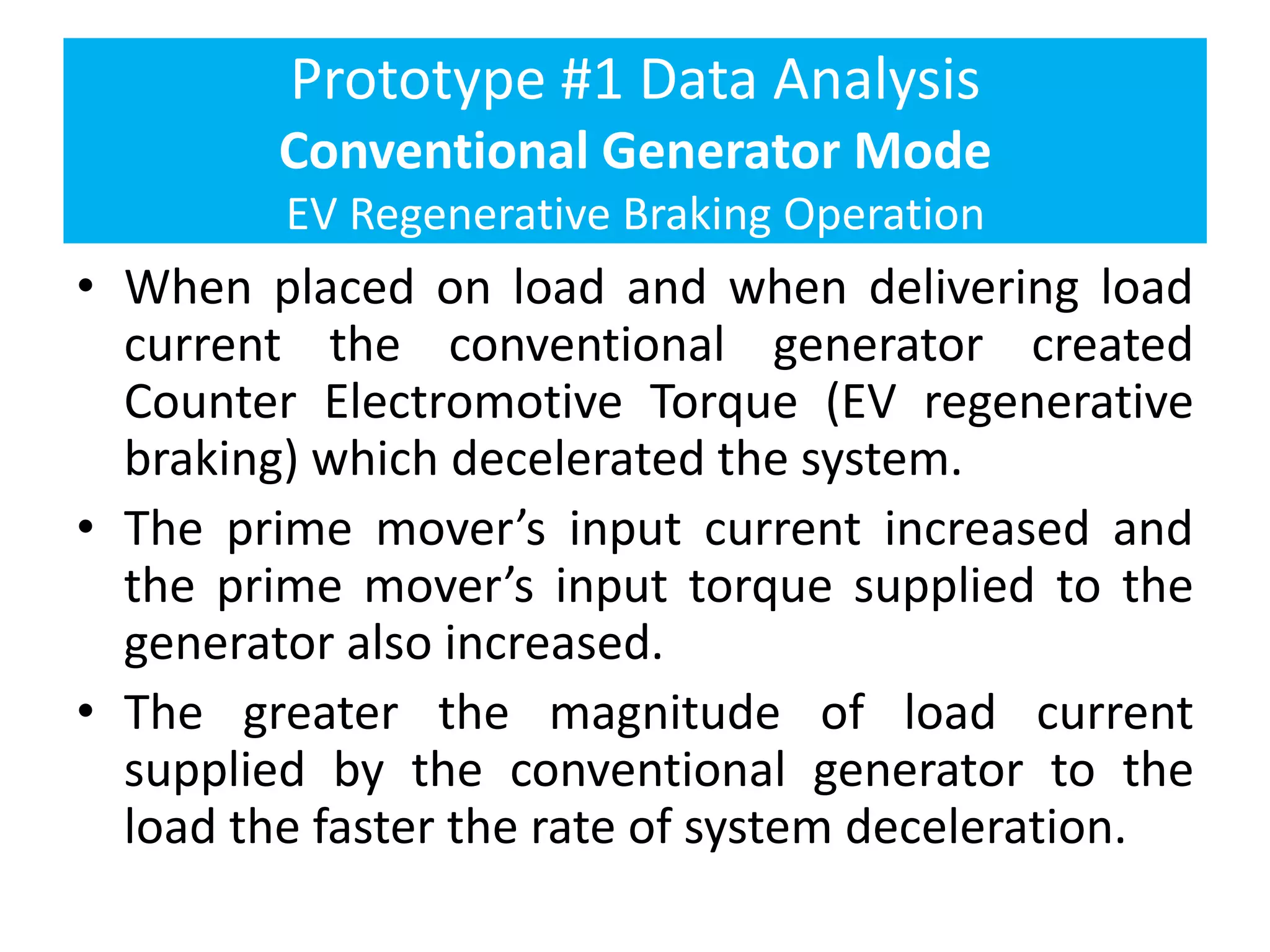 Prototype #1 Data Analysis
Conventional Generator Mode
EV Regenerative Braking Operation
• When placed on load and when delivering load
current the conventional generator created
Counter Electromotive Torque (EV regenerative
braking) which decelerated the system.
• The prime mover’s input current increased and
the prime mover’s input torque supplied to the
generator also increased.
• The greater the magnitude of load current
supplied by the conventional generator to the
load the faster the rate of system deceleration.
 