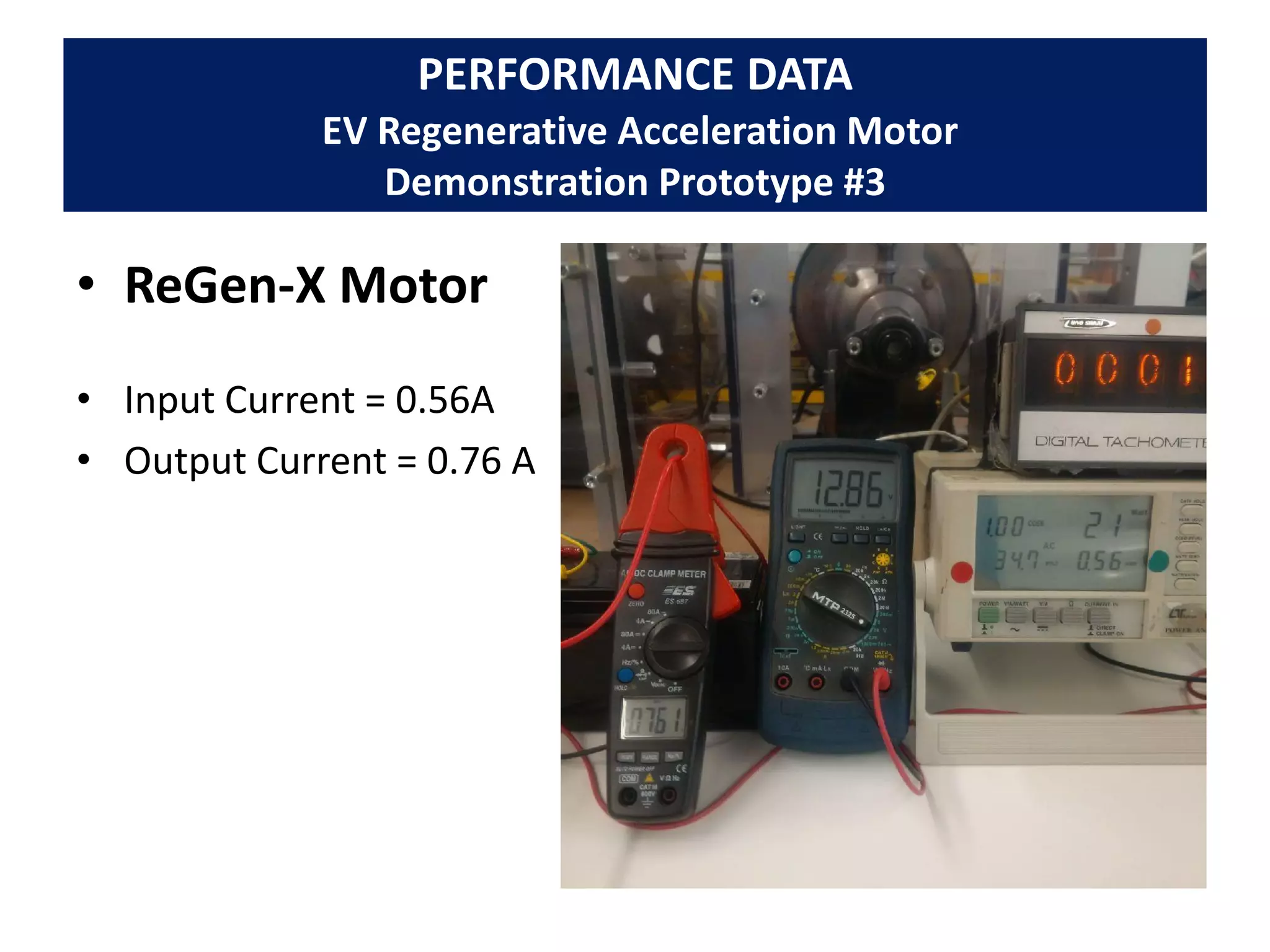 PERFORMANCE DATA
EV Regenerative Acceleration Motor
Demonstration Prototype #3
• ReGen-X Motor
• Input Current = 0.56A
• Output Current = 0.76 A
 