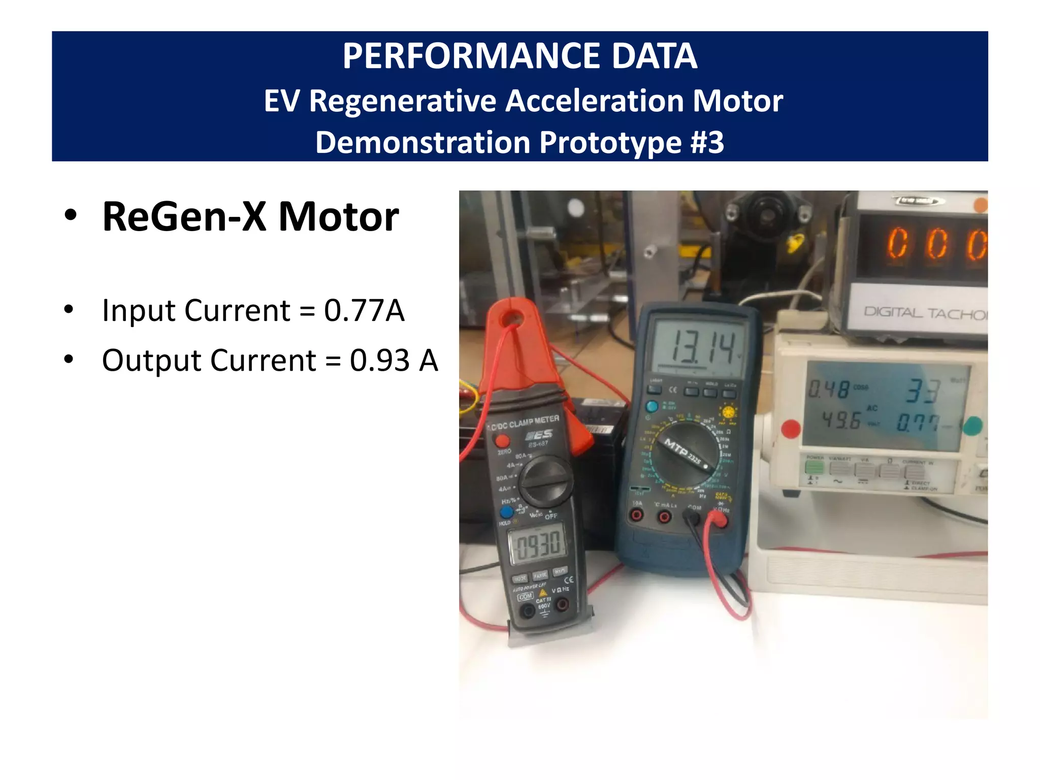 PERFORMANCE DATA
EV Regenerative Acceleration Motor
Demonstration Prototype #3
• ReGen-X Motor
• Input Current = 0.77A
• Output Current = 0.93 A
 
