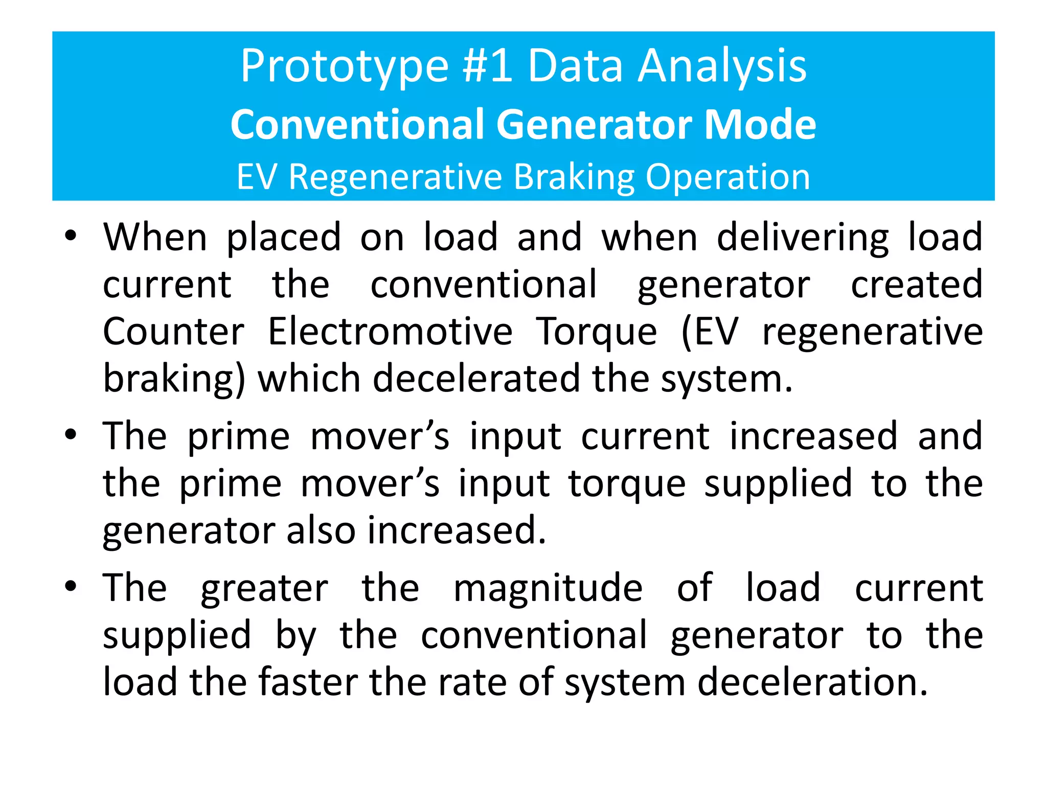 Prototype #1 Data Analysis
Conventional Generator Mode
EV Regenerative Braking Operation
• When placed on load and when delivering load
current the conventional generator created
Counter Electromotive Torque (EV regenerative
braking) which decelerated the system.
• The prime mover’s input current increased and
the prime mover’s input torque supplied to the
generator also increased.
• The greater the magnitude of load current
supplied by the conventional generator to the
load the faster the rate of system deceleration.
 