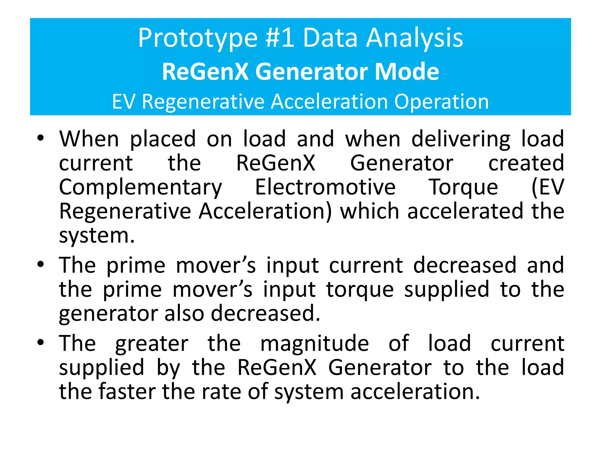 Prototype #1 Data Analysis
ReGenX Generator Mode
EV Regenerative Acceleration Operation
• When placed on load and when delivering load
current the ReGenX Generator created
Complementary Electromotive Torque (EV
Regenerative Acceleration) which accelerated the
system.
• The prime mover’s input current decreased and
the prime mover’s input torque supplied to the
generator also decreased.
• The greater the magnitude of load current
supplied by the ReGenX Generator to the load
the faster the rate of system acceleration.
 