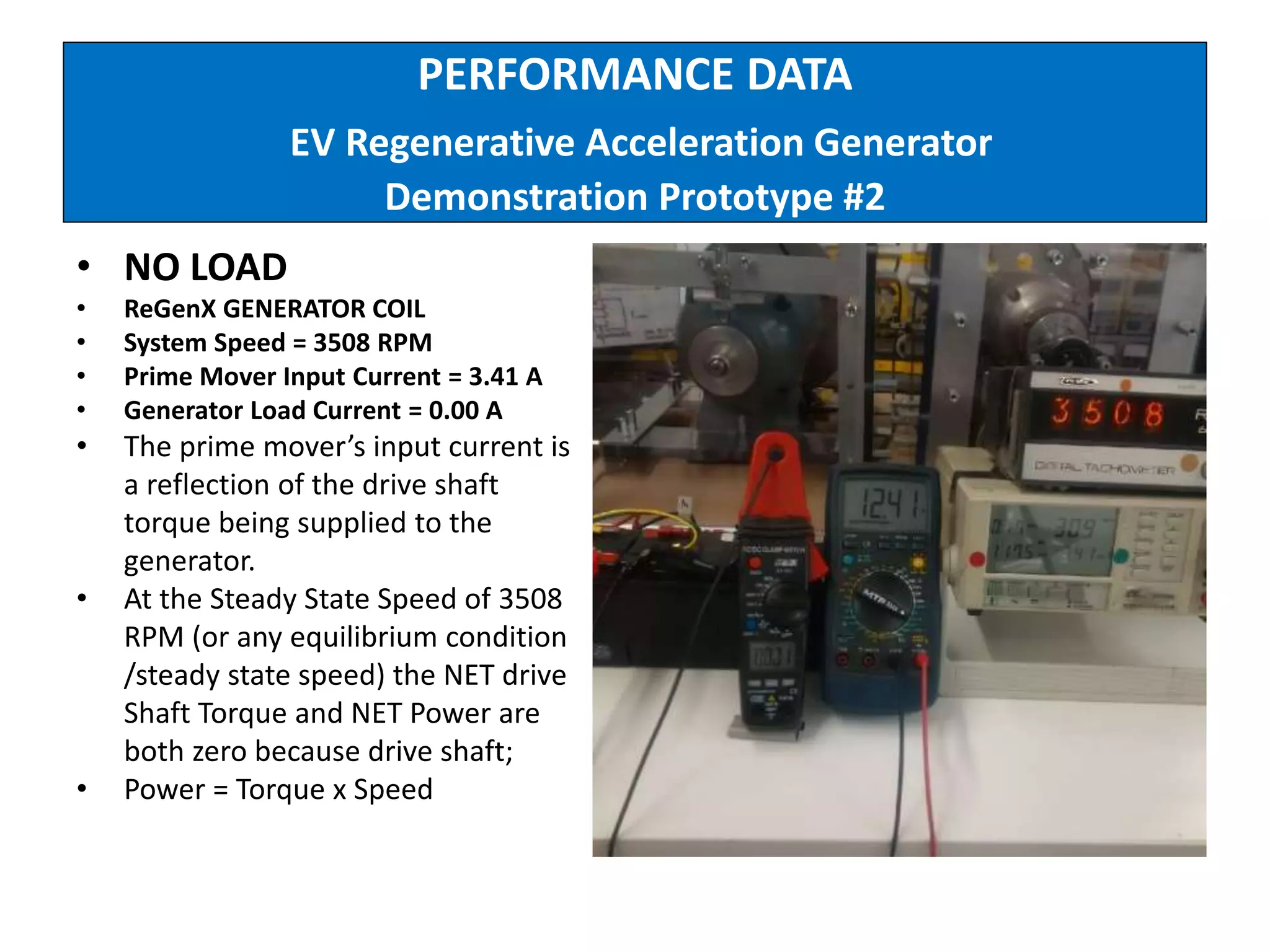 PERFORMANCE DATA
EV Regenerative Acceleration Generator
Demonstration Prototype #2
• NO LOAD
• ReGenX GENERATOR COIL
• System Speed = 3508 RPM
• Prime Mover Input Current = 3.41 A
• Generator Load Current = 0.00 A
• The prime mover’s input current is
a reflection of the drive shaft
torque being supplied to the
generator.
• At the Steady State Speed of 3508
RPM (or any equilibrium condition
/steady state speed) the NET drive
Shaft Torque and NET Power are
both zero because drive shaft;
• Power = Torque x Speed
 