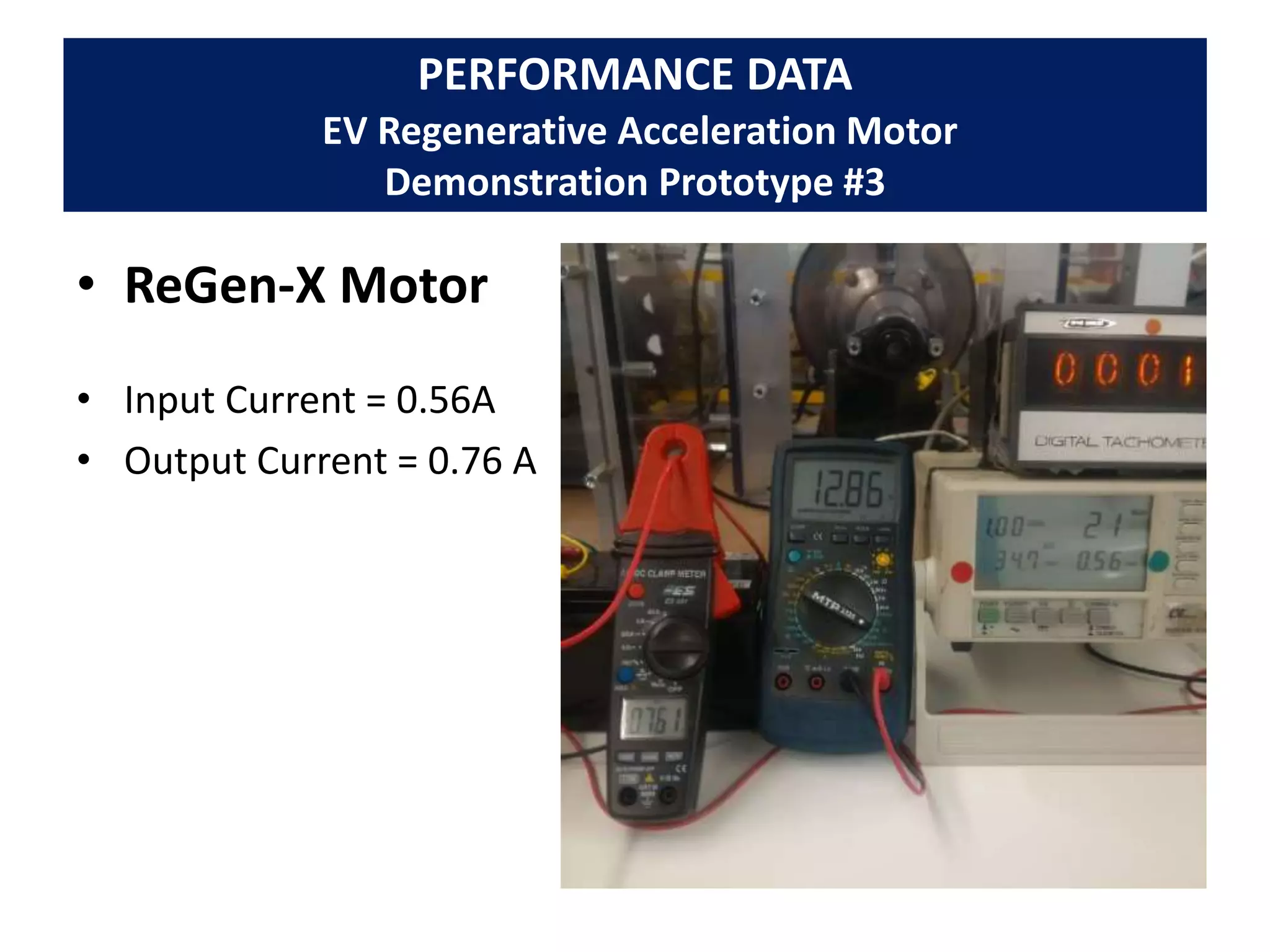 PERFORMANCE DATA
EV Regenerative Acceleration Motor
Demonstration Prototype #3
• ReGen-X Motor
• Input Current = 0.56A
• Output Current = 0.76 A
 