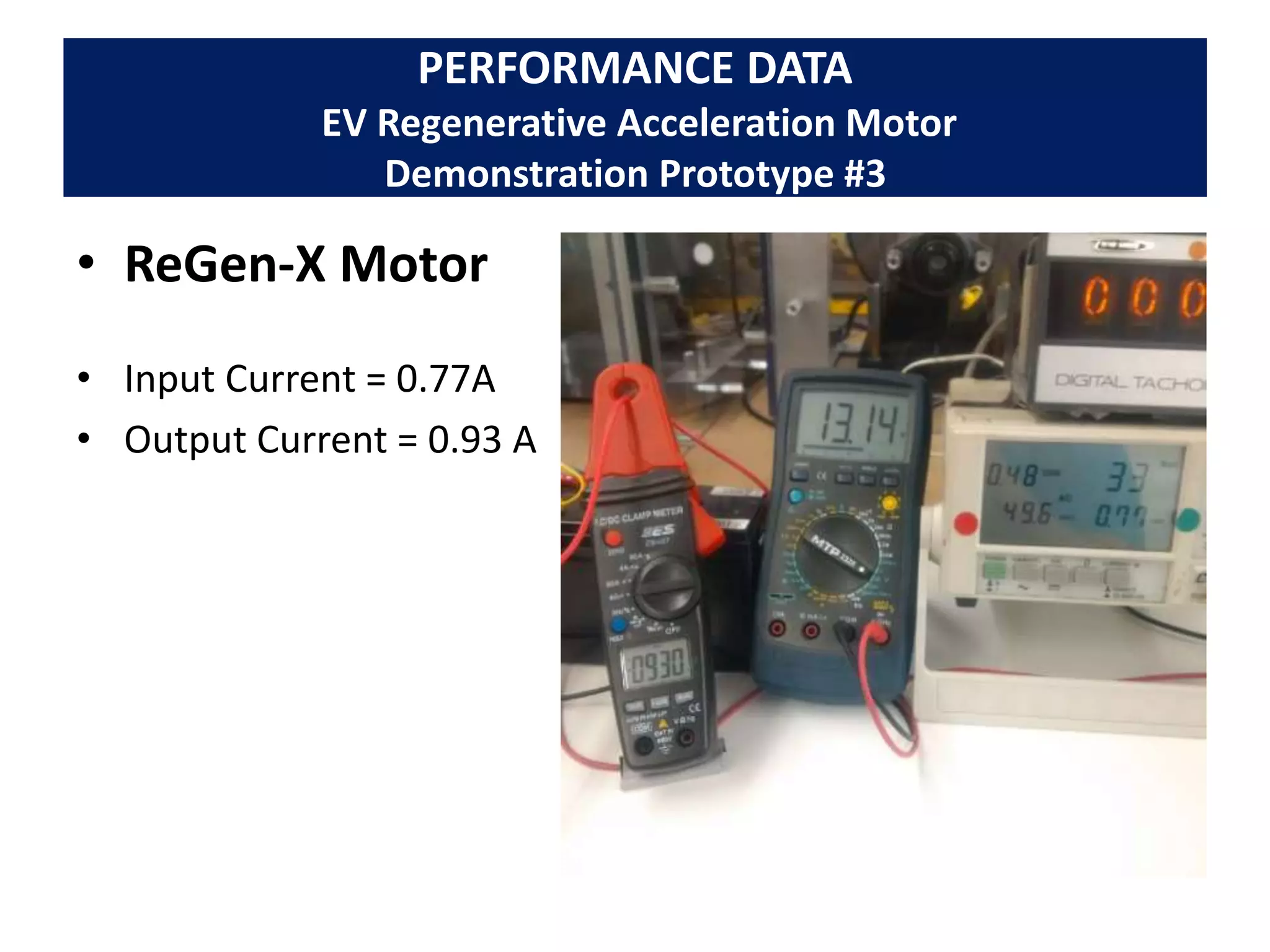 PERFORMANCE DATA
EV Regenerative Acceleration Motor
Demonstration Prototype #3
• ReGen-X Motor
• Input Current = 0.77A
• Output Current = 0.93 A
 