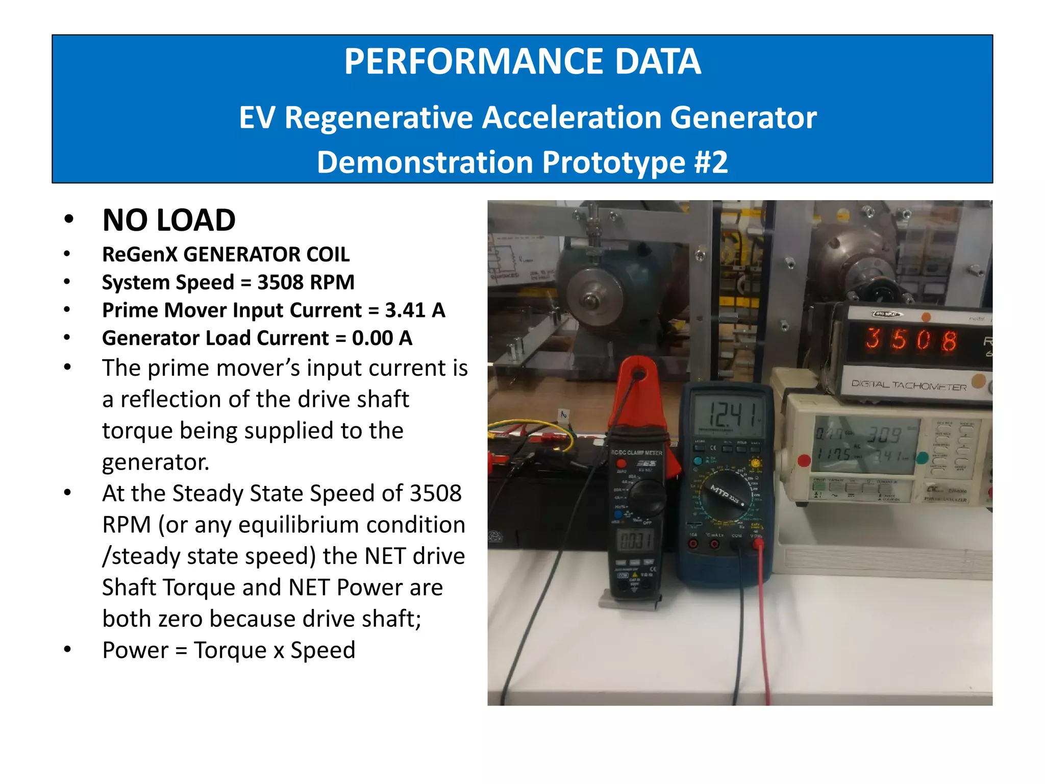 PERFORMANCE DATA
EV Regenerative Acceleration Generator
Demonstration Prototype #2
• NO LOAD
• ReGenX GENERATOR COIL
• System Speed = 3508 RPM
• Prime Mover Input Current = 3.41 A
• Generator Load Current = 0.00 A
• The prime mover’s input current is
a reflection of the drive shaft
torque being supplied to the
generator.
• At the Steady State Speed of 3508
RPM (or any equilibrium condition
/steady state speed) the NET drive
Shaft Torque and NET Power are
both zero because drive shaft;
• Power = Torque x Speed
 