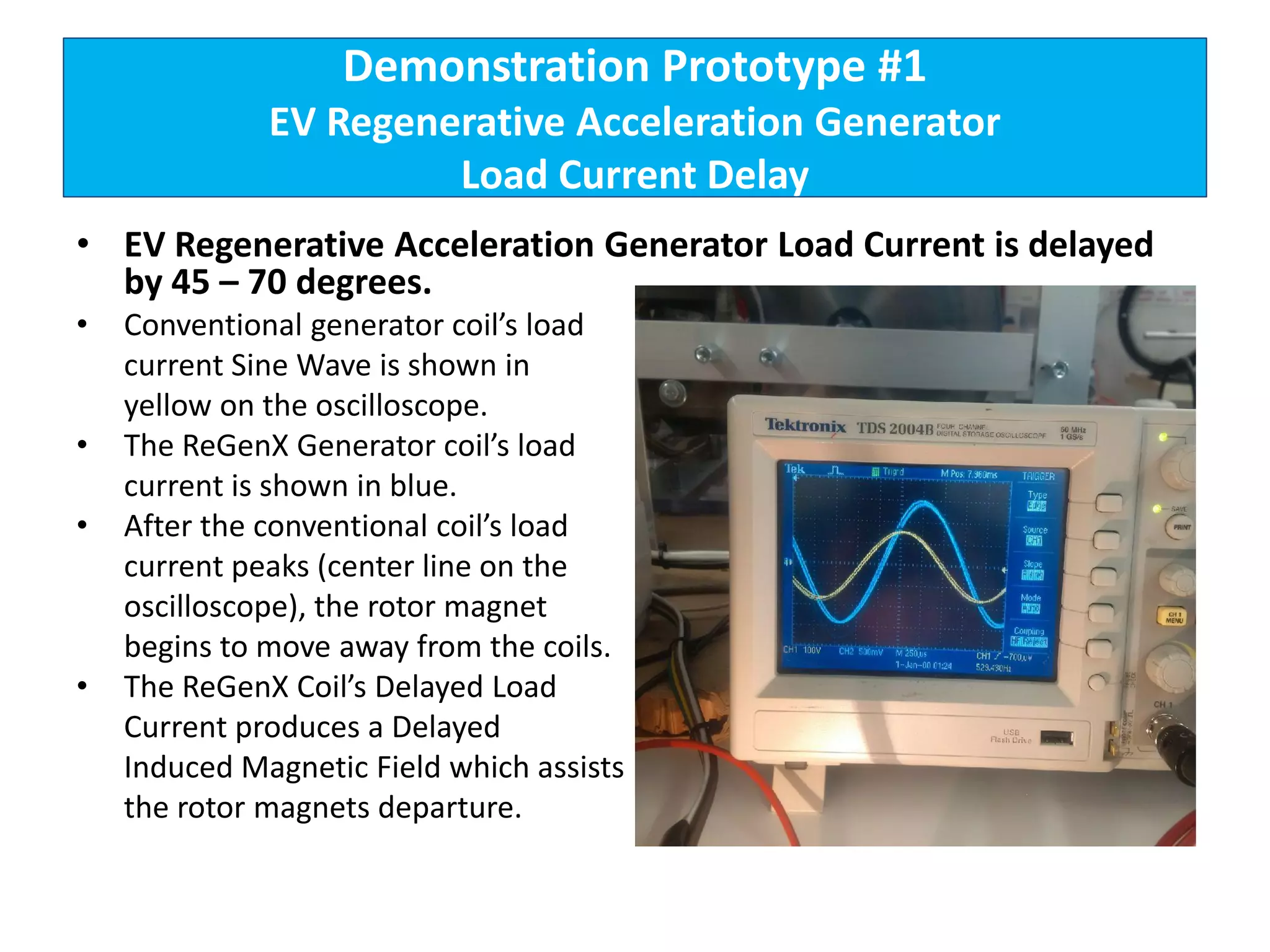 Demonstration Prototype #1
EV Regenerative Acceleration Generator
Load Current Delay
• EV Regenerative Acceleration Generator Load Current is delayed
by 45 – 70 degrees.
• Conventional generator coil’s load
current Sine Wave is shown in
yellow on the oscilloscope.
• The ReGenX Generator coil’s load
current is shown in blue.
• After the conventional coil’s load
current peaks (center line on the
oscilloscope), the rotor magnet
begins to move away from the coils.
• The ReGenX Coil’s Delayed Load
Current produces a Delayed
Induced Magnetic Field which assists
the rotor magnets departure.
 