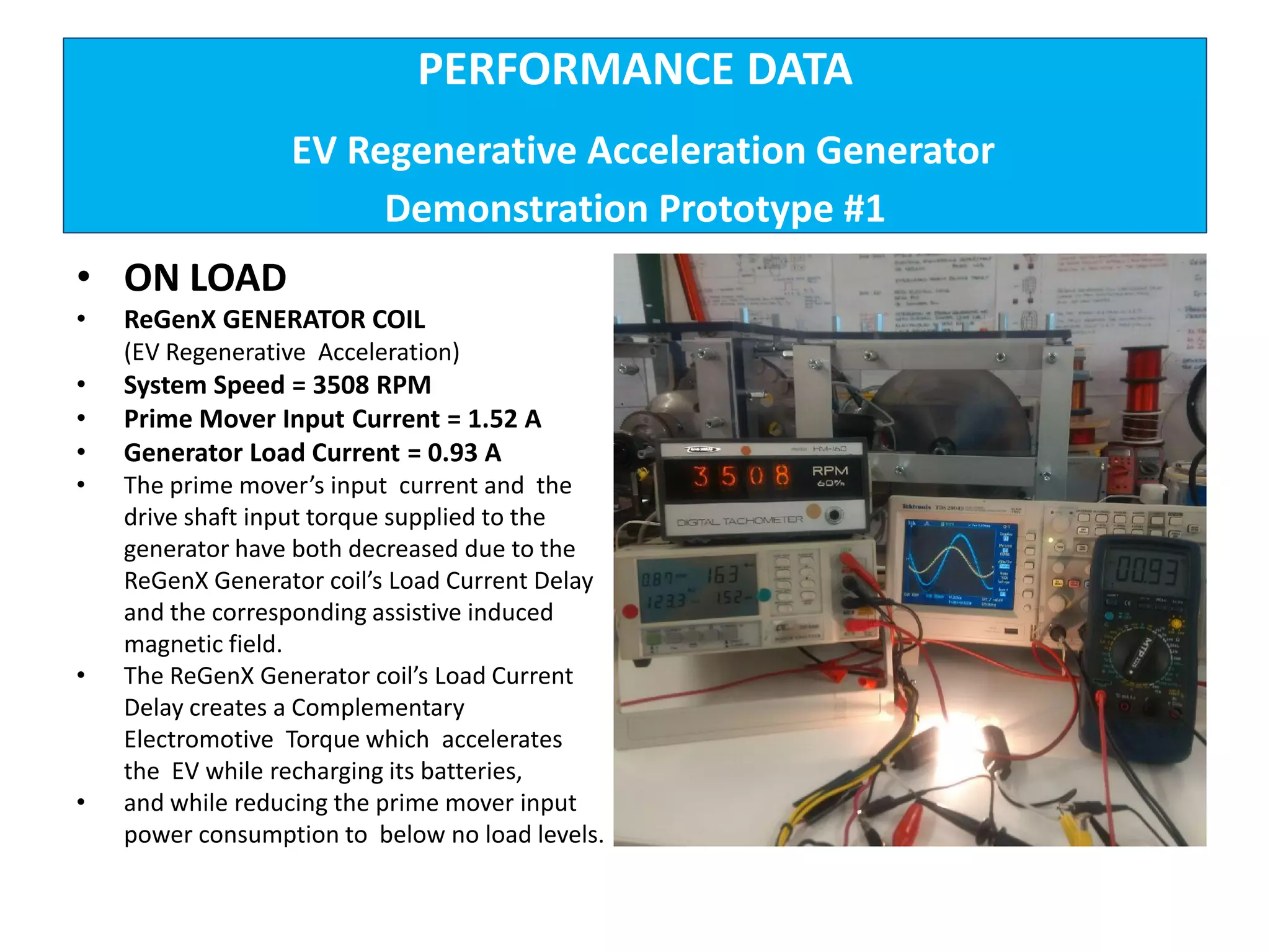 PERFORMANCE DATA
EV Regenerative Acceleration Generator
Demonstration Prototype #1
• ON LOAD
• ReGenX GENERATOR COIL
(EV Regenerative Acceleration)
• System Speed = 3508 RPM
• Prime Mover Input Current = 1.52 A
• Generator Load Current = 0.93 A
• The prime mover’s input current and the
drive shaft input torque supplied to the
generator have both decreased due to the
ReGenX Generator coil’s Load Current Delay
and the corresponding assistive induced
magnetic field.
• The ReGenX Generator coil’s Load Current
Delay creates a Complementary
Electromotive Torque which accelerates
the EV while recharging its batteries,
• and while reducing the prime mover input
power consumption to below no load levels.
 