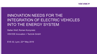 INNOVATION NEEDS FOR THE
INTEGRATION OF ELECTRIC VEHICLES
INTO THE ENERGY SYSTEM
Stefan Wolf, Roman Korzynietz
VDI/VDE Innovation + Technik GmbH
EVS 32, Lyon, 22nd May 2019
 
