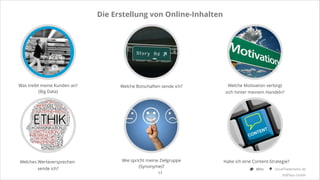 Die Erstellung von Online-Inhalten

Was treibt meine Kunden an? 
(Big Data)

Welche Botschaften sende ich?

Welches Werteversprechen

Wie spricht meine Zielgruppe
(Synonyme)?

sende ich?

13

Welche Motivation verbirgt
sich hinter meinem Handeln?

Habe ich eine Content-Strategie?
@Ibo

SocialTrademarks.de
3rdPlace GmbH

 