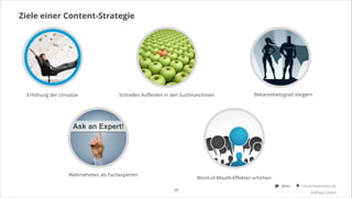 Ziele einer Content-Strategie

Erhöhung der Umsätze

Schnelles Auﬃnden in den Suchmaschinen

Wahrnehmen als Fachexperten

Bekanntheitsgrad steigern

Word-of-Mouth-Eﬀekten erhöhen
16

@Ibo

SocialTrademarks.de
3rdPlace GmbH

 