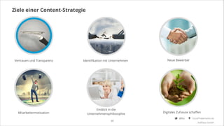 Ziele einer Content-Strategie

Vertrauen und Transparenz

Identiﬁkation mit Unternehmen

Mitarbeitermotivation

Einblick in die
Unternehmensphilosophie
18

Neue Bewerber

Digitales Zuhause schaﬀen
@Ibo

SocialTrademarks.de
3rdPlace GmbH

 