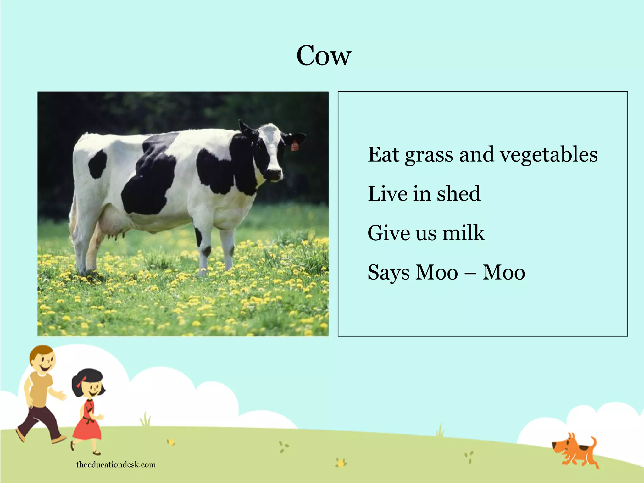 Cow
theeducationdesk.com
Eat grass and vegetables
Live in shed
Give us milk
Says Moo – Moo
 