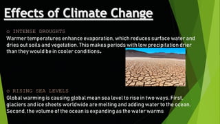 o INTENSE DROUGHTS
Warmer temperatures enhance evaporation, which reduces surface water and
dries out soils and vegetation. This makes periods with low precipitation drier
than they would be in cooler conditions.
o RISING SEA LEVELS
Global warming is causing global mean sea level to rise in two ways. First,
glaciers and ice sheets worldwide are melting and adding water to the ocean.
Second, the volume of the ocean is expanding as the water warms.
 