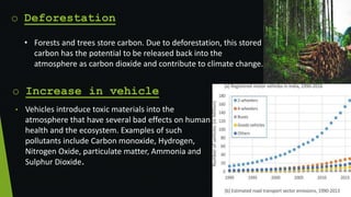 o Deforestation
• Forests and trees store carbon. Due to deforestation, this stored
carbon has the potential to be released back into the
atmosphere as carbon dioxide and contribute to climate change.
o Increase in vehicle
• Vehicles introduce toxic materials into the
atmosphere that have several bad effects on human
health and the ecosystem. Examples of such
pollutants include Carbon monoxide, Hydrogen,
Nitrogen Oxide, particulate matter, Ammonia and
Sulphur Dioxide.
 