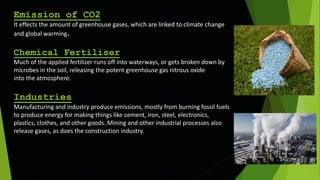 Emission of CO2
It effects the amount of greenhouse gases, which are linked to climate change
and global warming.
Chemical Fertiliser
Much of the applied fertilizer runs off into waterways, or gets broken down by
microbes in the soil, releasing the potent greenhouse gas nitrous oxide
into the atmosphere.
Industries
Manufacturing and industry produce emissions, mostly from burning fossil fuels
to produce energy for making things like cement, iron, steel, electronics,
plastics, clothes, and other goods. Mining and other industrial processes also
release gases, as does the construction industry.
 