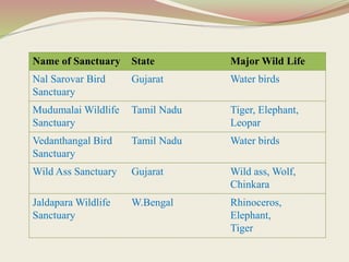 Name of Sanctuary State Major Wild Life
Nal Sarovar Bird
Sanctuary
Gujarat Water birds
Mudumalai Wildlife
Sanctuary
Tamil Nadu Tiger, Elephant,
Leopar
Vedanthangal Bird
Sanctuary
Tamil Nadu Water birds
Wild Ass Sanctuary Gujarat Wild ass, Wolf,
Chinkara
Jaldapara Wildlife
Sanctuary
W.Bengal Rhinoceros,
Elephant,
Tiger
 