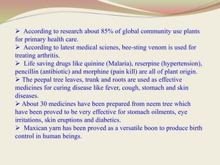  According to research about 85% of global community use plants
for primary health care.
 According to latest medical scienes, bee-sting venom is used for
treating arthritis.
 Life saving drugs like quinine (Malaria), reserpine (hypertension),
pencillin (antibiotic) and morphine (pain kill) are all of plant origin.
 The peepal tree leaves, trunk and roots are used as effective
medicines for curing disease like fever, cough, stomach and skin
diseases.
 About 30 medicines have been prepared from neem tree which
have been proved to be very effective for stomach oilments, eye
irritations, skin eruptions and diabetics.
 Maxican yarn has been proved as a versatile boon to produce birth
control in human beings.
 
