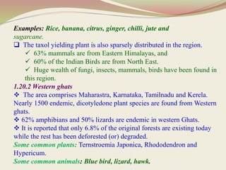 Examples: Rice, banana, citrus, ginger, chilli, jute and
sugarcane.
 The taxol yielding plant is also sparsely distributed in the region.
 63% mammals are from Eastern Himalayas, and
 60% of the Indian Birds are from North East.
 Huge wealth of fungi, insects, mammals, birds have been found in
this region.
1.20.2 Western ghats
 The area comprises Maharastra, Karnataka, Tamilnadu and Kerela.
Nearly 1500 endemic, dicotyledone plant species are found from Western
ghats.
 62% amphibians and 50% lizards are endemic in western Ghats.
 It is reported that only 6.8% of the original forests are existing today
while the rest has been deforested (or) degraded.
Some common plants: Ternstroemia Japonica, Rhododendron and
Hypericum.
Some common animals: Blue bird, lizard, hawk.
 