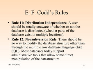 CSC 240 (Blum) 17
E. F. Codd’s Rules
• Rule 11: Distribution Independence. A user
should be totally unaware of whether or not the
database is distributed (whether parts of the
database exist in multiple locations).
• Rule 12: Nonsubversion Rule. There should be
no way to modify the database structure other than
through the multiple row database language (like
SQL). Most databases today support
administrative tools that allow some direct
manipulation of the datastructure.
 