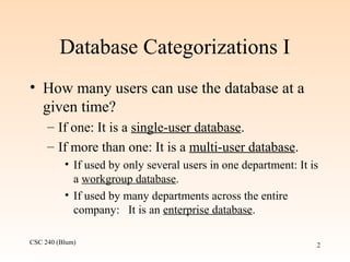 CSC 240 (Blum) 2
Database Categorizations I
• How many users can use the database at a
given time?
– If one: It is a single-user database.
– If more than one: It is a multi-user database.
• If used by only several users in one department: It is
a workgroup database.
• If used by many departments across the entire
company: It is an enterprise database.
 