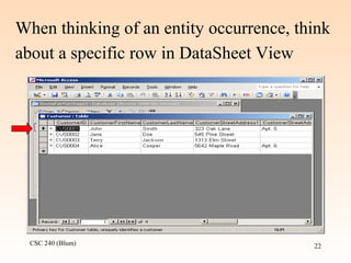 CSC 240 (Blum) 22
When thinking of an entity occurrence, think
about a specific row in DataSheet View
 