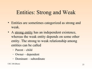 CSC 240 (Blum) 23
Entities: Strong and Weak
• Entities are sometimes categorized as strong and
weak.
• A strong entity has an independent existence,
whereas the weak entity depends on some other
entity. The strong to weak relationship among
entities can be called
– Parent – child
– Owner – dependent
– Dominant – subordinate
 