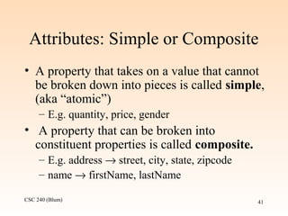 CSC 240 (Blum) 41
Attributes: Simple or Composite
• A property that takes on a value that cannot
be broken down into pieces is called simple,
(aka “atomic”)
– E.g. quantity, price, gender
• A property that can be broken into
constituent properties is called composite.
– E.g. address → street, city, state, zipcode
– name → firstName, lastName
 