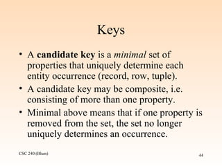 CSC 240 (Blum) 44
Keys
• A candidate key is a minimal set of
properties that uniquely determine each
entity occurrence (record, row, tuple).
• A candidate key may be composite, i.e.
consisting of more than one property.
• Minimal above means that if one property is
removed from the set, the set no longer
uniquely determines an occurrence.
 