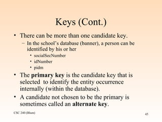 CSC 240 (Blum) 45
Keys (Cont.)
• There can be more than one candidate key.
– In the school’s database (banner), a person can be
identified by his or her
• socialSecNumber
• idNumber
• pidm
• The primary key is the candidate key that is
selected to identify the entity occurrence
internally (within the database).
• A candidate not chosen to be the primary is
sometimes called an alternate key.
 