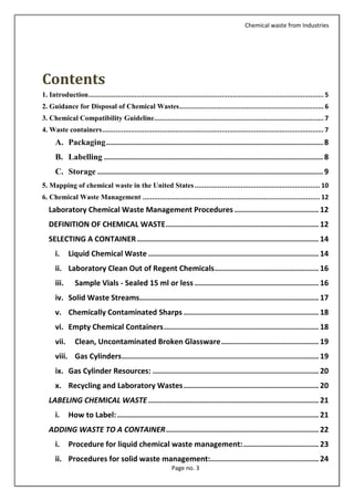 Chemical waste from Industries
Page no. 3
Contents
1. Introduction.......................................................................................................................... 5
2. Guidance for Disposal of Chemical Wastes........................................................................... 6
3. Chemical Compatibility Guideline........................................................................................ 7
4. Waste containers................................................................................................................... 7
A. Packaging.................................................................................................. 8
B. Labelling ................................................................................................... 8
C. Storage ...................................................................................................... 9
5. Mapping of chemical waste in the United States................................................................. 10
6. Chemical Waste Management ............................................................................................ 12
Laboratory Chemical Waste Management Procedures ...................................... 12
DEFINITION OF CHEMICAL WASTE..................................................................... 12
SELECTING A CONTAINER .................................................................................. 14
i. Liquid Chemical Waste ............................................................................. 14
ii. Laboratory Clean Out of Regent Chemicals............................................... 16
iii. Sample Vials - Sealed 15 ml or less ........................................................ 16
iv. Solid Waste Streams................................................................................. 17
v. Chemically Contaminated Sharps ............................................................. 18
vi. Empty Chemical Containers...................................................................... 18
vii. Clean, Uncontaminated Broken Glassware............................................ 19
viii. Gas Cylinders......................................................................................... 19
ix. Gas Cylinder Resources: ........................................................................... 20
x. Recycling and Laboratory Wastes............................................................. 20
LABELING CHEMICAL WASTE............................................................................. 21
i. How to Label:........................................................................................... 21
ADDING WASTE TO A CONTAINER..................................................................... 22
i. Procedure for liquid chemical waste management:.................................. 23
ii. Procedures for solid waste management:................................................. 24
 