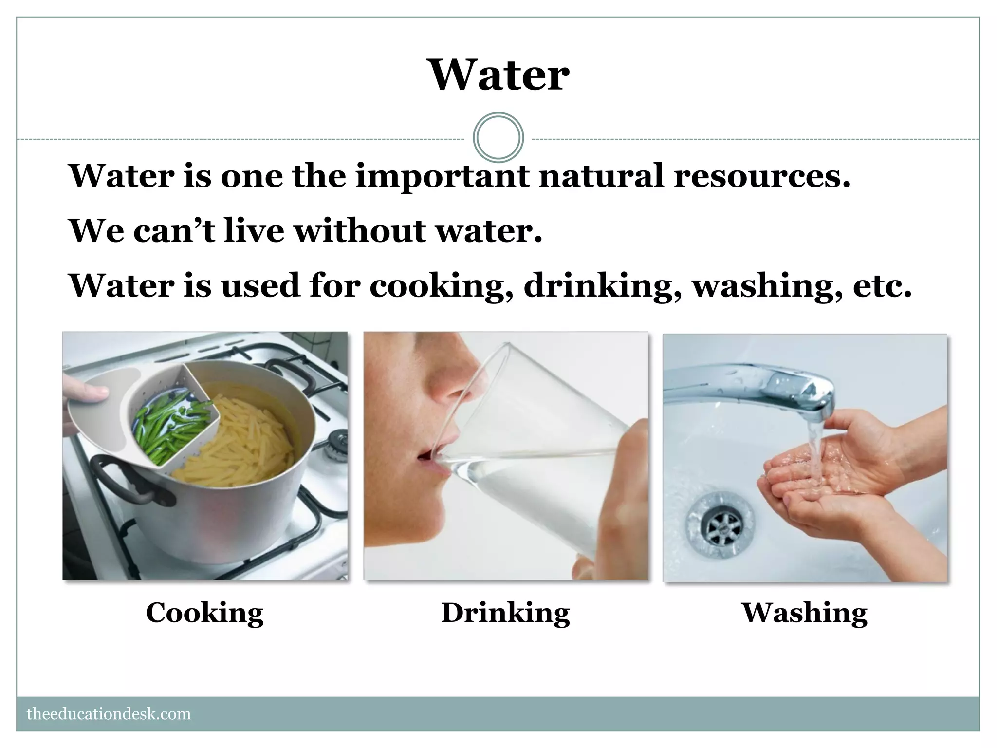 Water
Water is one the important natural resources.
We can’t live without water.
Water is used for cooking, drinking, washing, etc.

Cooking

Drinking

Washing

theeducationdesk.com
theeducationdesk.com

 