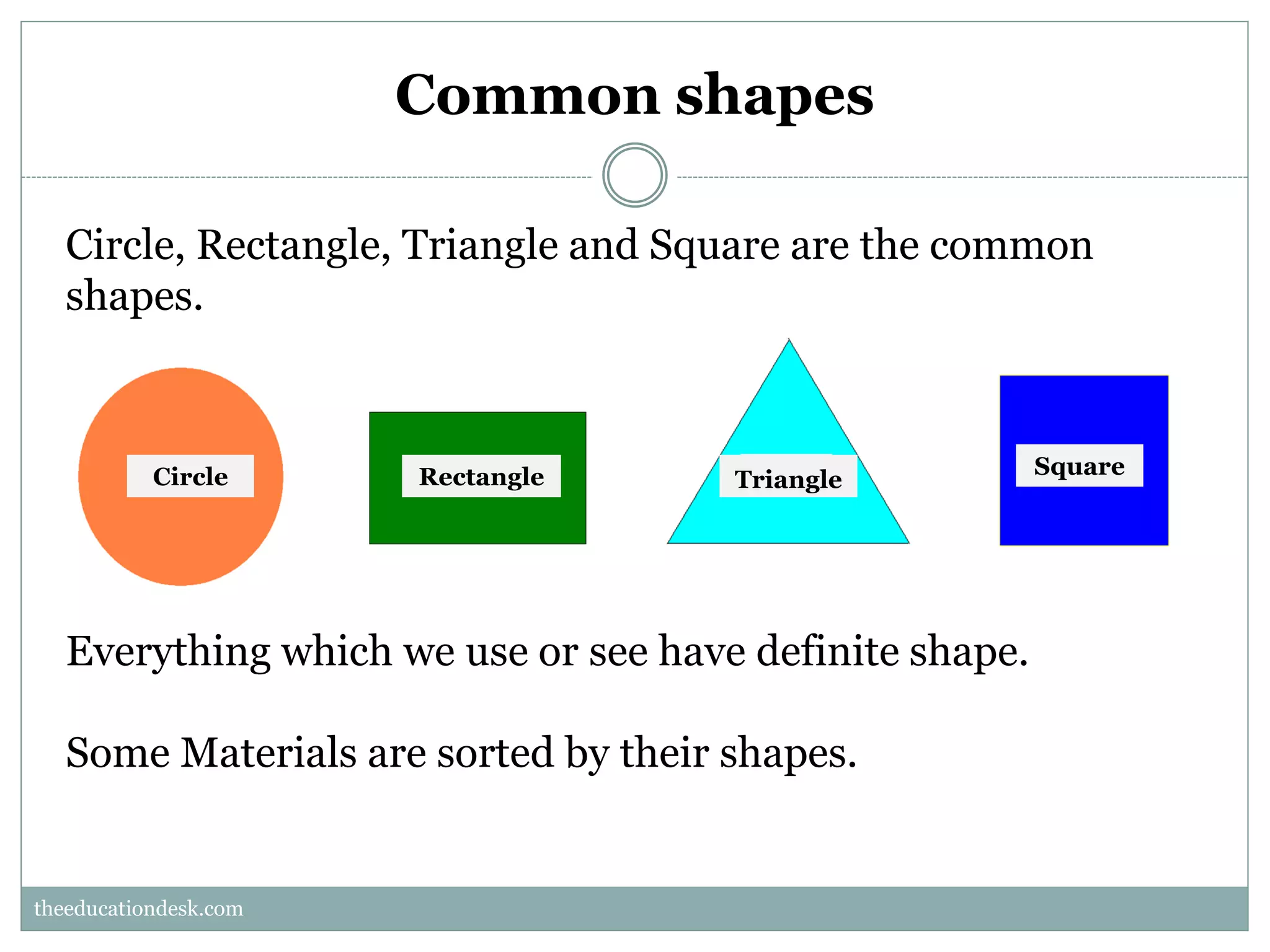 Common shapes
Circle, Rectangle, Triangle and Square are the common
shapes.

Circle

Rectangle

Triangle

Everything which we use or see have definite shape.

Some Materials are sorted by their shapes.

theeducationdesk.com
theeducationdesk.com

Square

 