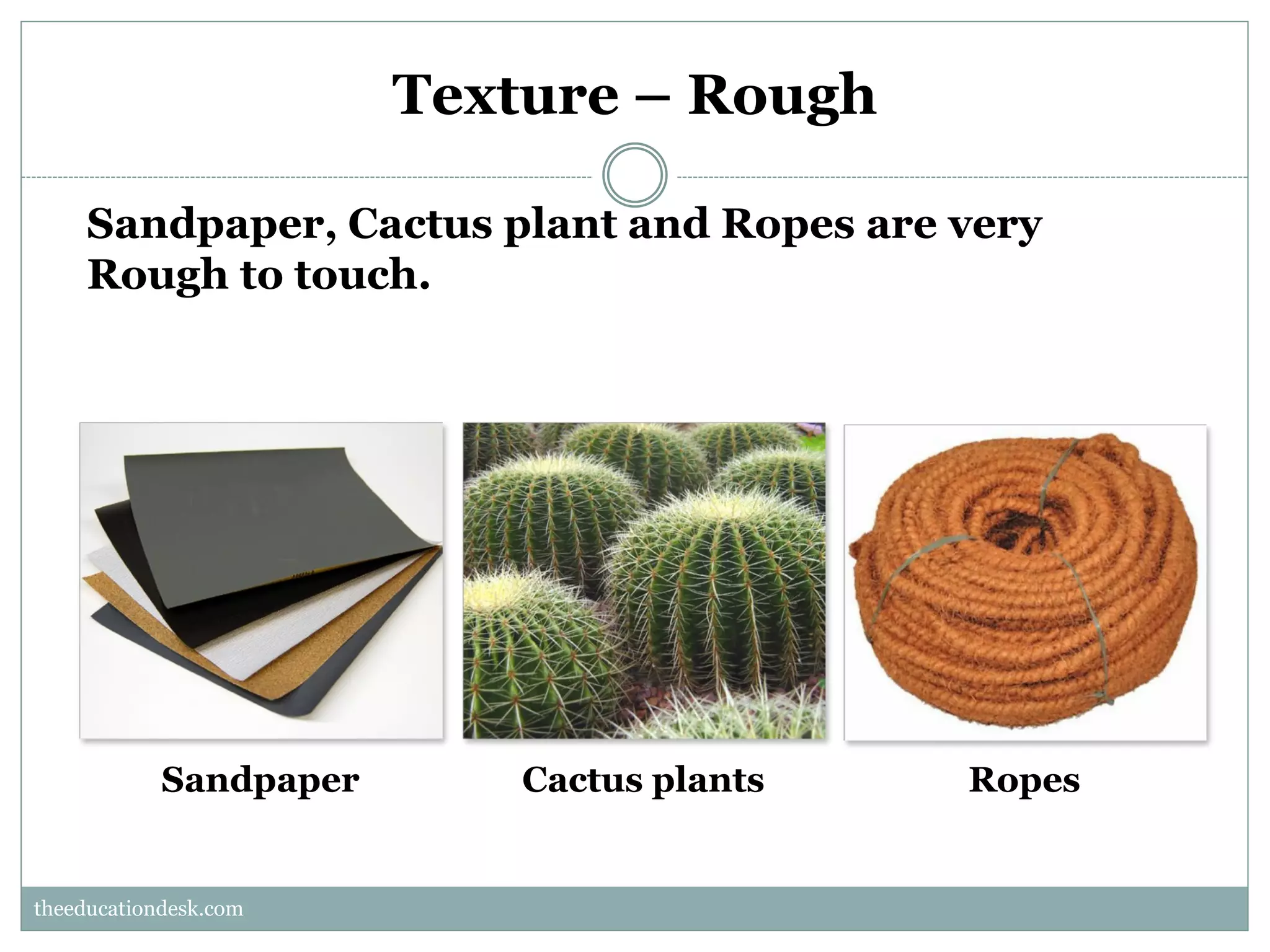 Texture – Rough
Sandpaper, Cactus plant and Ropes are very
Rough to touch.

Sandpaper

Cactus plants

Ropes

theeducationdesk.com
theeducationdesk.com

 